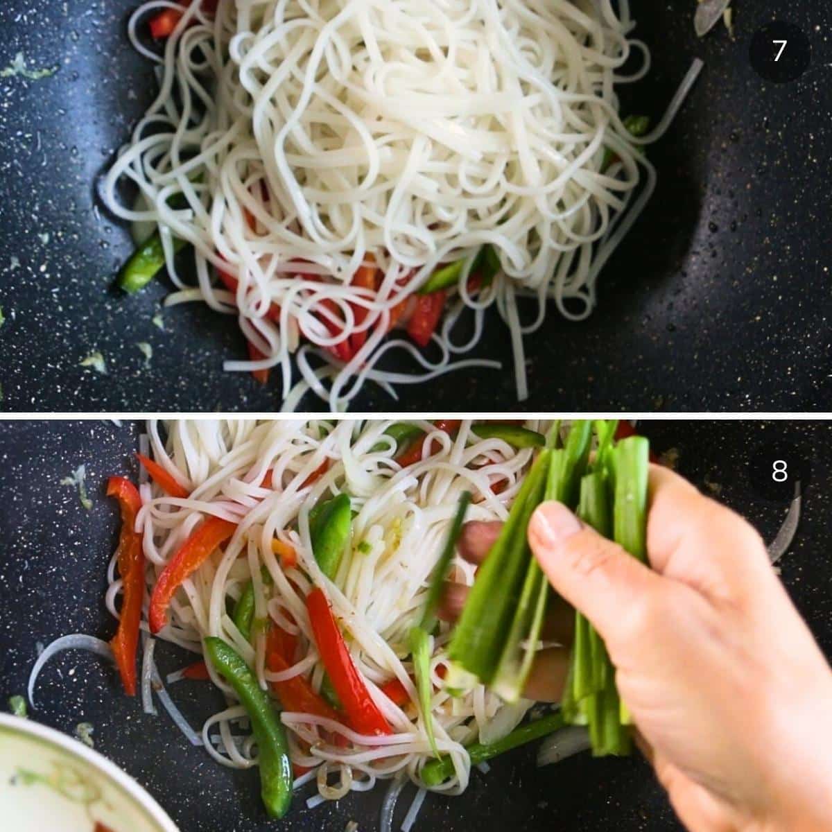 Add the cooked noodles to the wok with green onions.