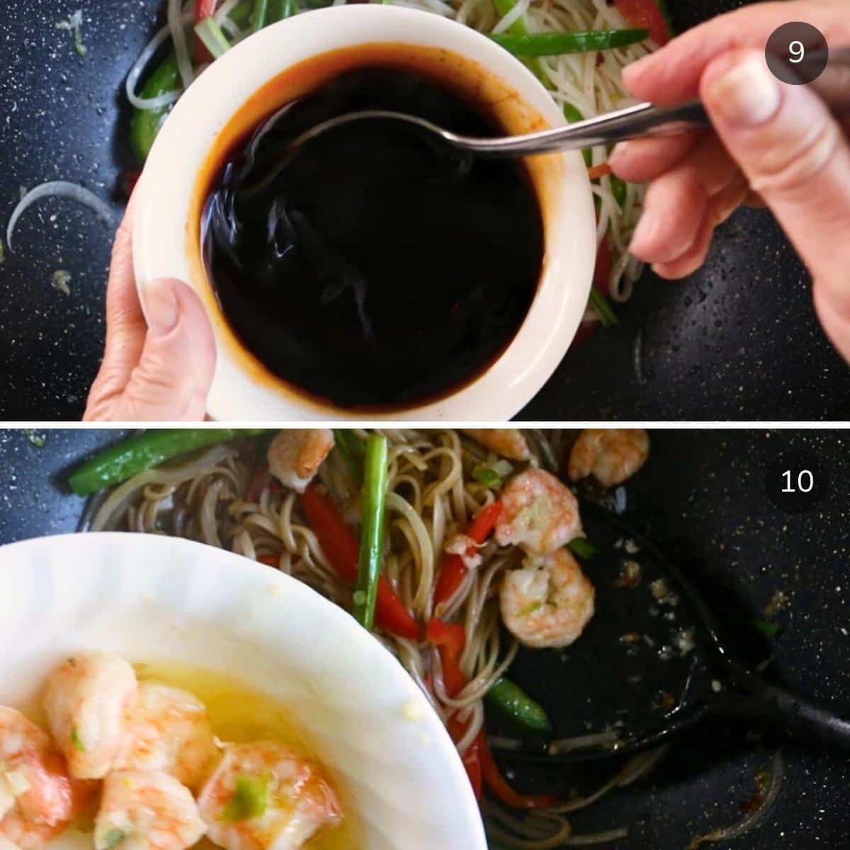 Adding the Asian stir fry noodle sauce and shrimp back into the wok. 