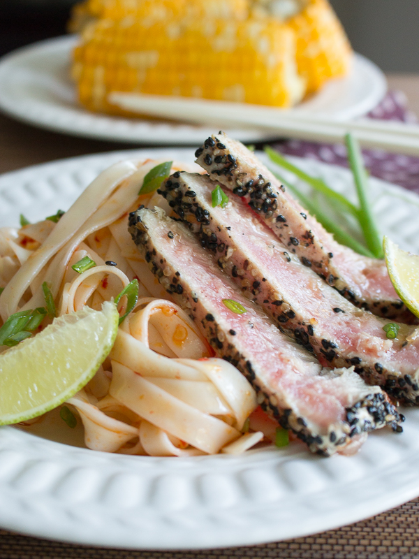 Closeup shot to show the black sesame seeds on the ahi tuna.