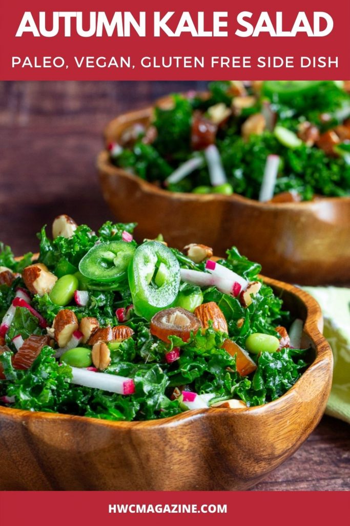 Two bowls of delicious fall salad tossed with vegetables, almonds and dates.