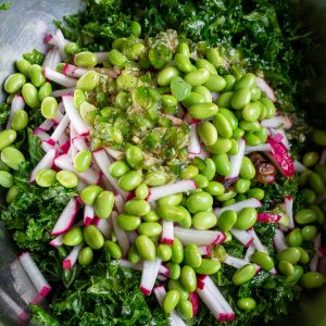 All ingredients in a bowl ready to toss.