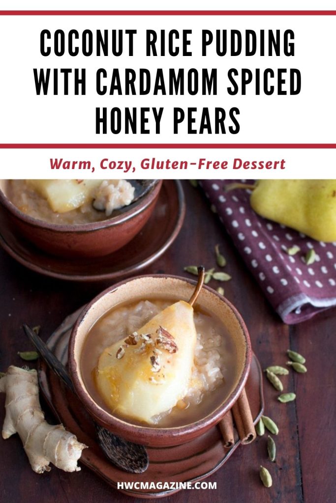 Coconut rice pudding with honey pears on top.