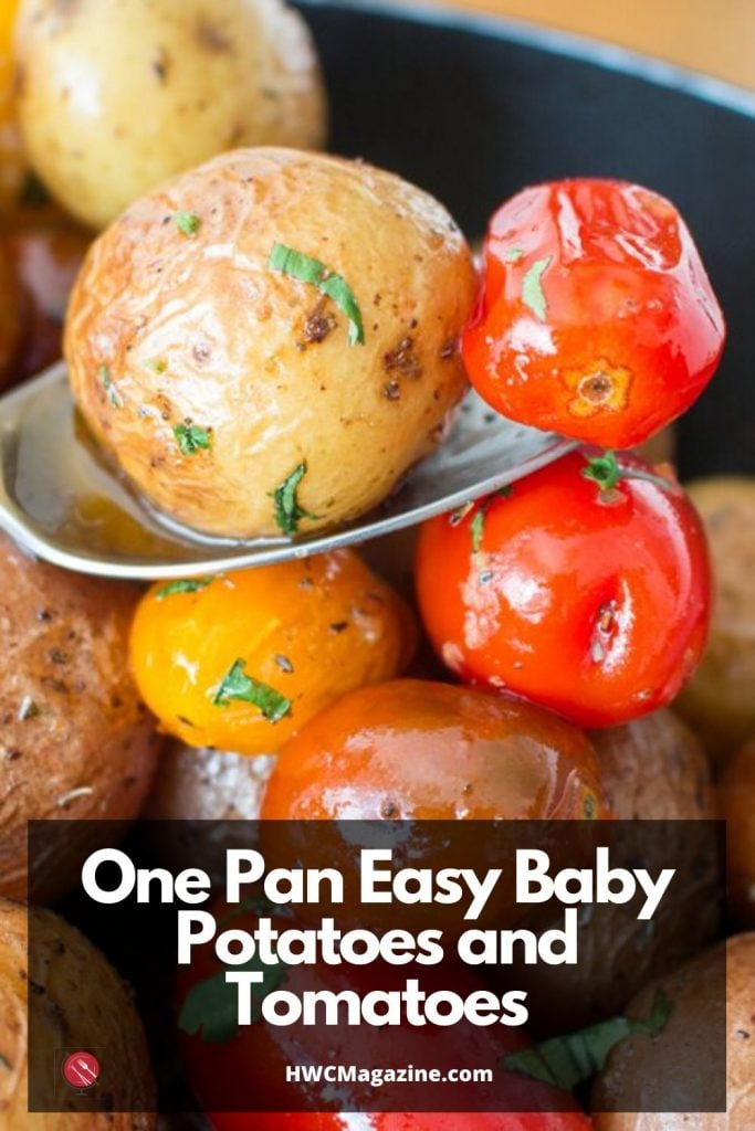 One pan Easy baby potatoes and tomatoes held in a spoon over a pan.