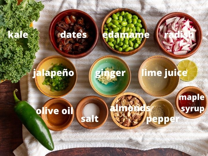 Ingredients for salad and dressing all lined up and labeled. 