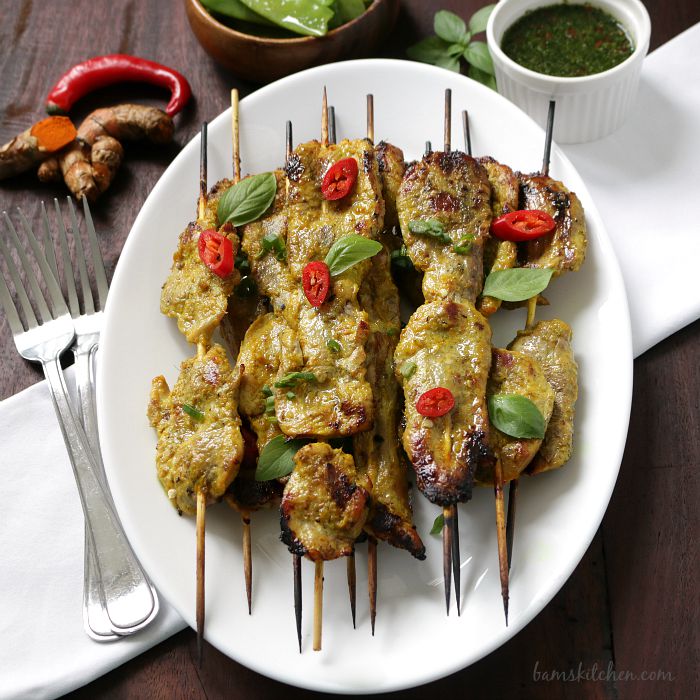 Turmeric Pork Skewers and Thai Basil Dipping Sauce / https://www.hwcmagazine.com