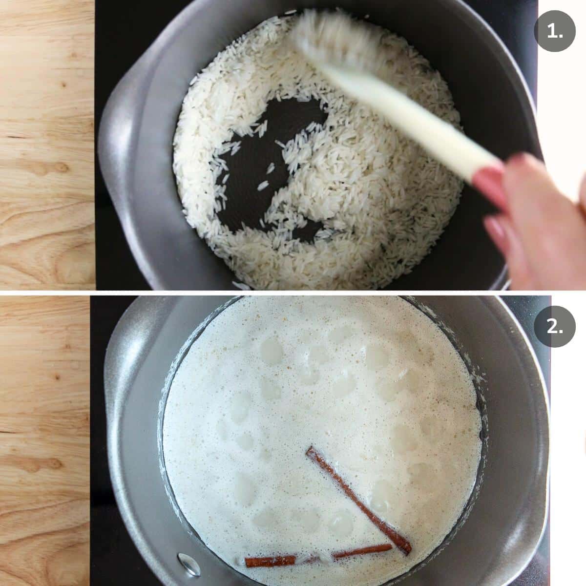 Stirring rice with coconut oil and adding in water, almond milk and spices that is just coming up to a gentle boil.