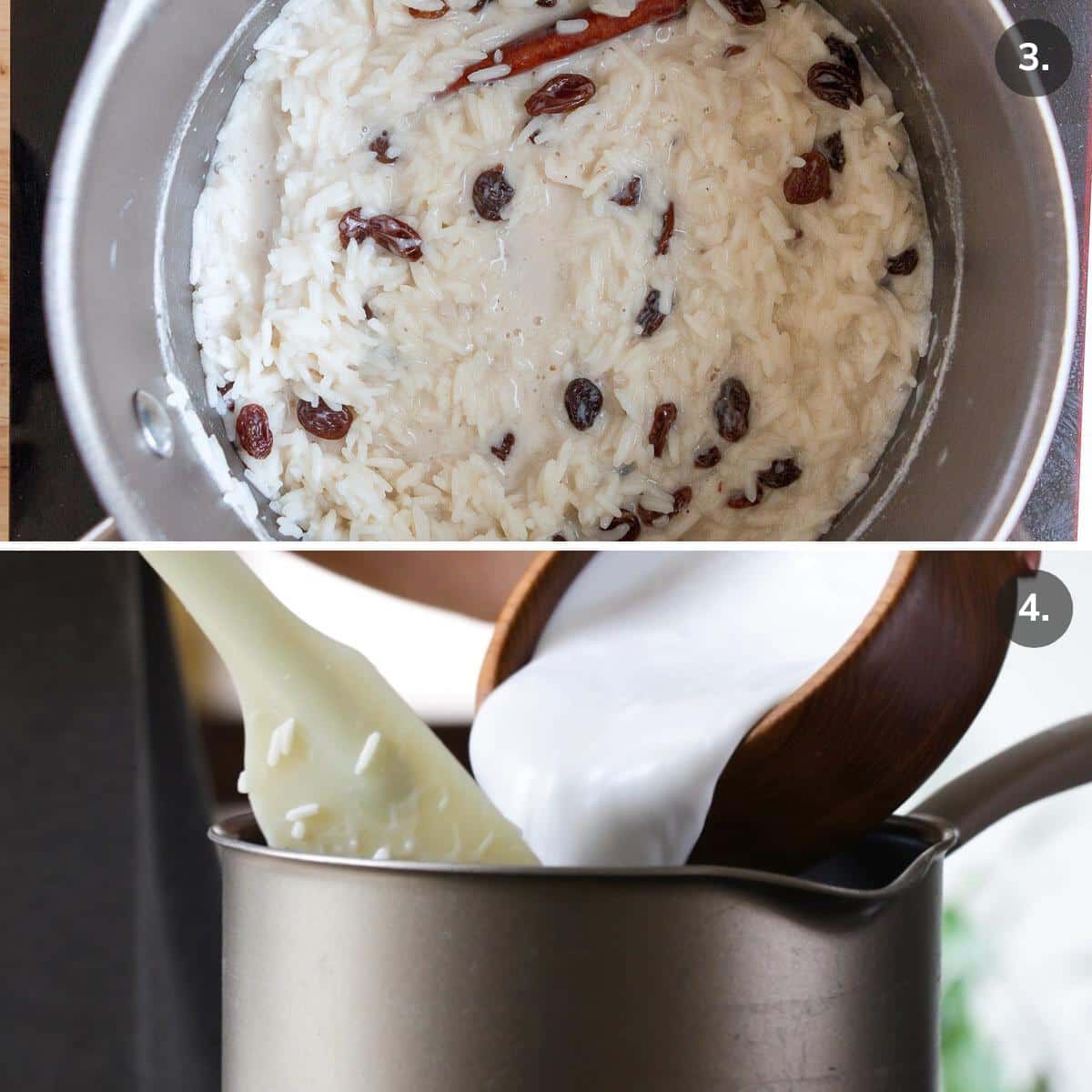 Showing the coconut rice pudding with most of the liquid absorbed and pouring in coconut milk.