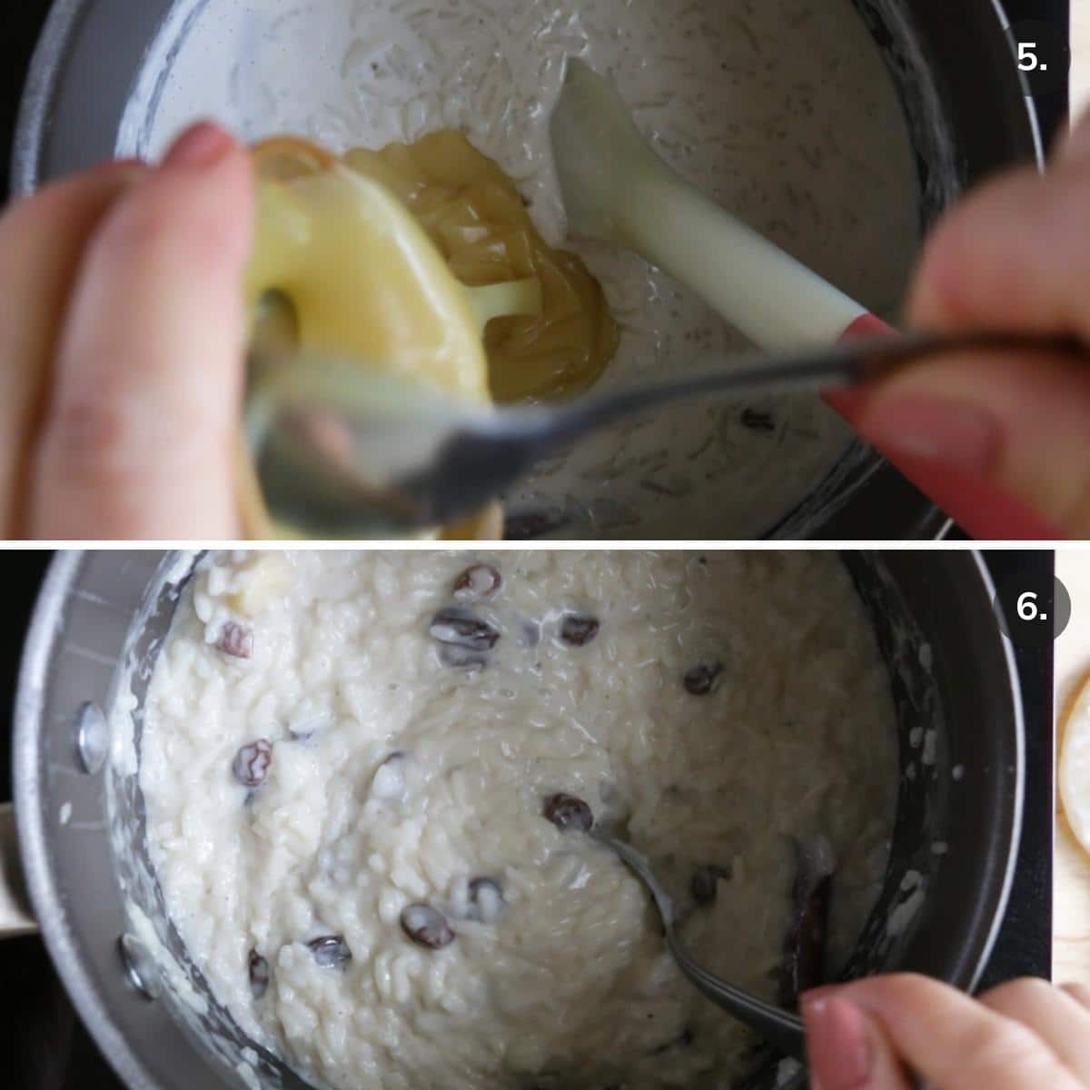 Adding in the dairy free sweetened condensed milk into the thick and creamy rice pudding. 