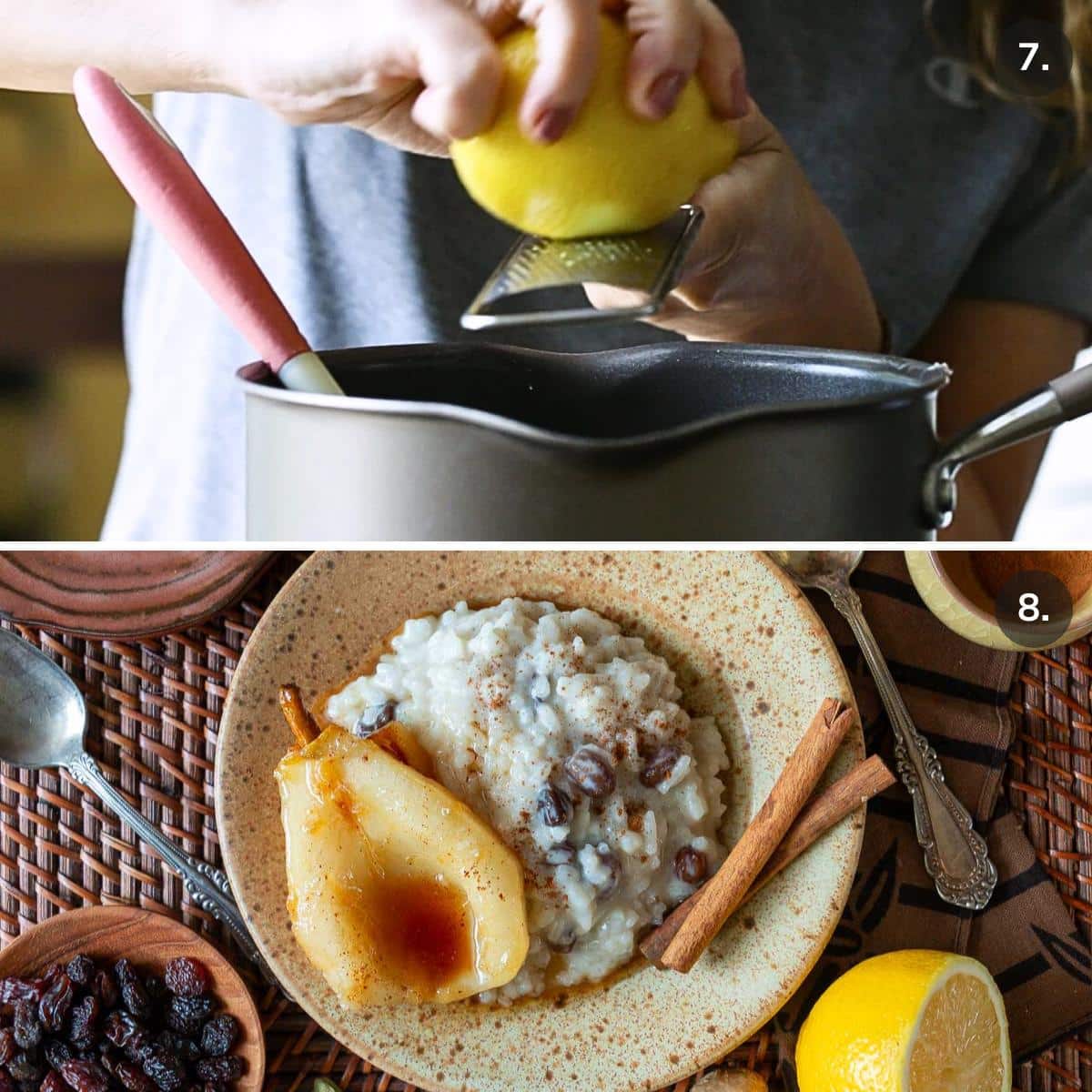 Adding a zest of lemon into the vegan coconut rice pudding and serving with poached pears. 