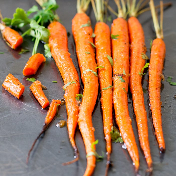 Carrots on a sheet pan just out of the oven.