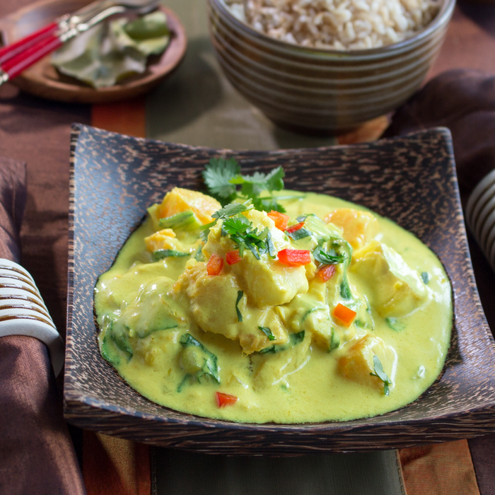 Halibut Coconut Curry in a Thai wooden bowl