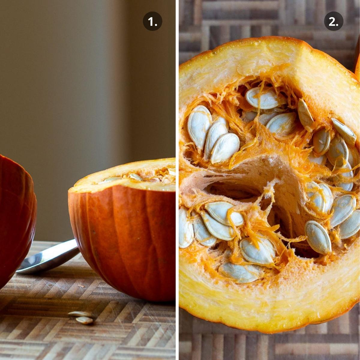 pumpkin cut in half showing the seeds.