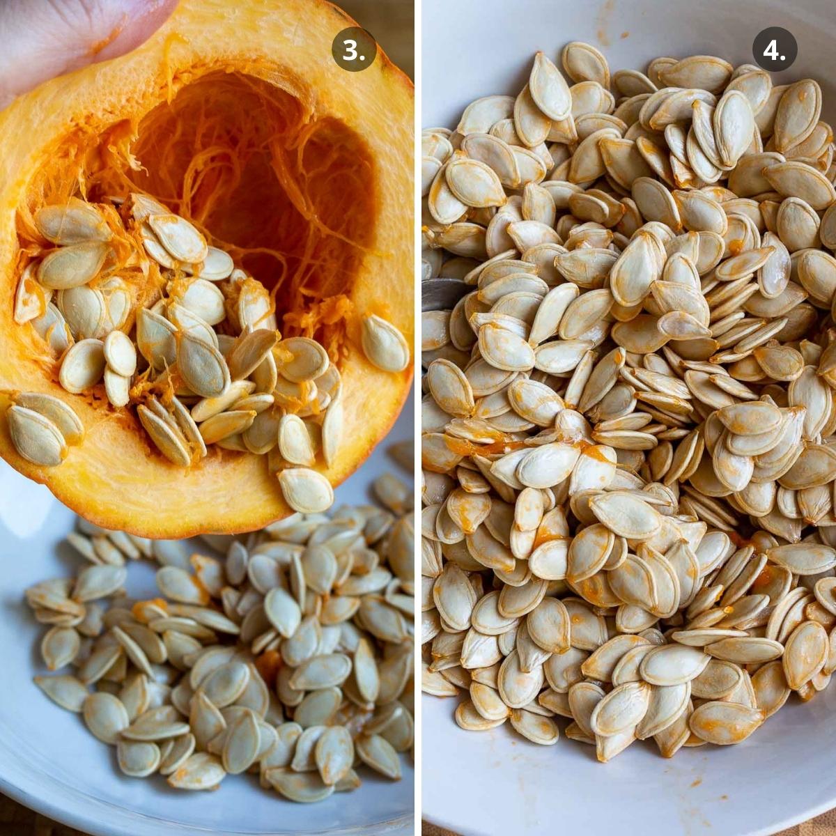 pumpkin seeds getting scooped out into a bowl.