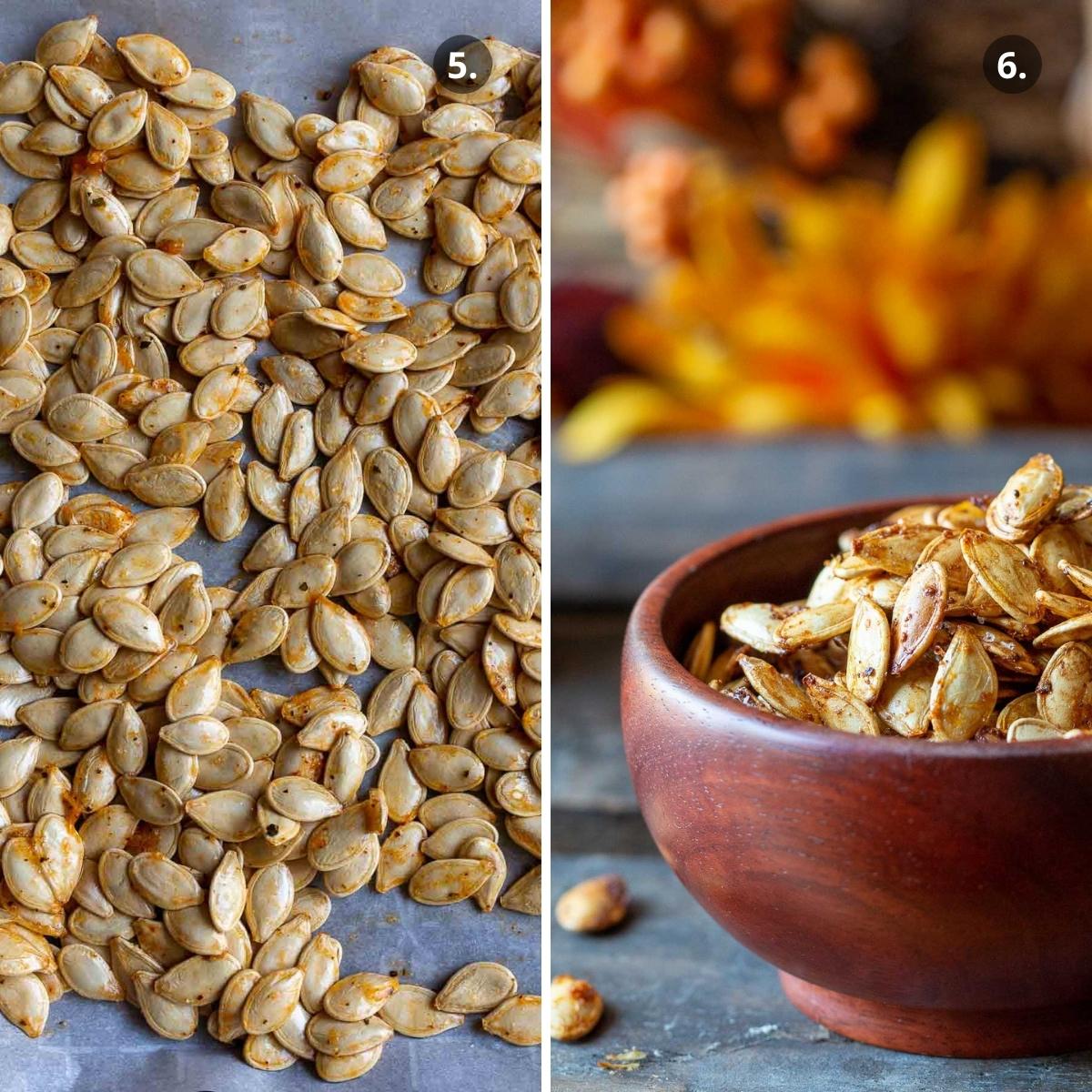 Seeds on tray and roasted seeds.