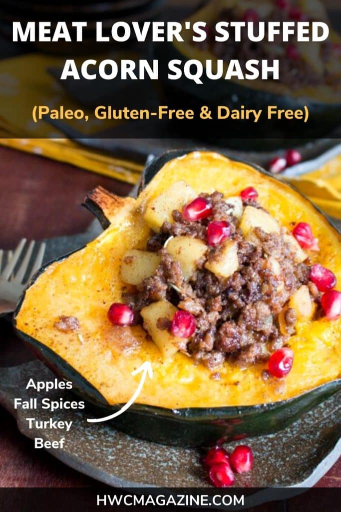 Hot out of the oven Meat Lover's stuffed acorn squash garnished with pomegranate seeds.