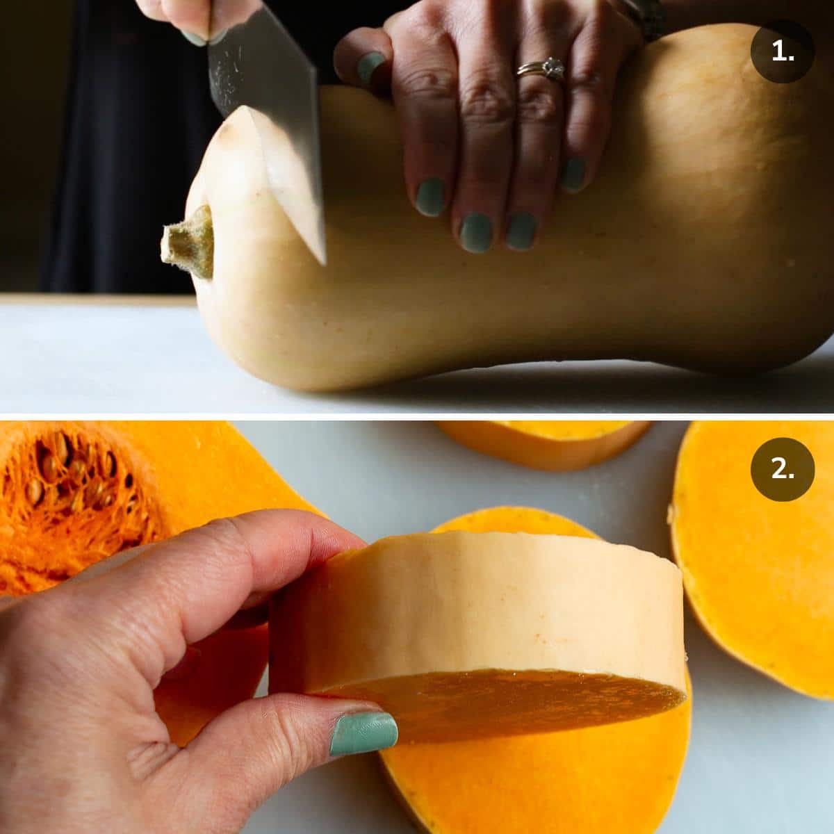 Slicing squash horizontally into 1- 1.5 inch steaks.