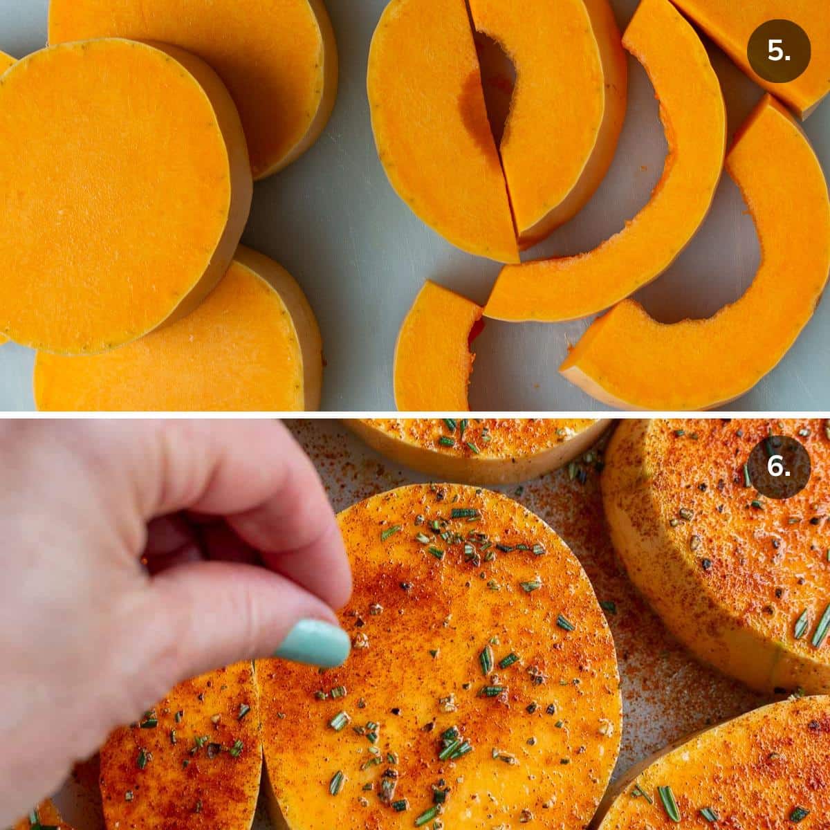 Seasoning squash steaks with rosemary and seasonings. 