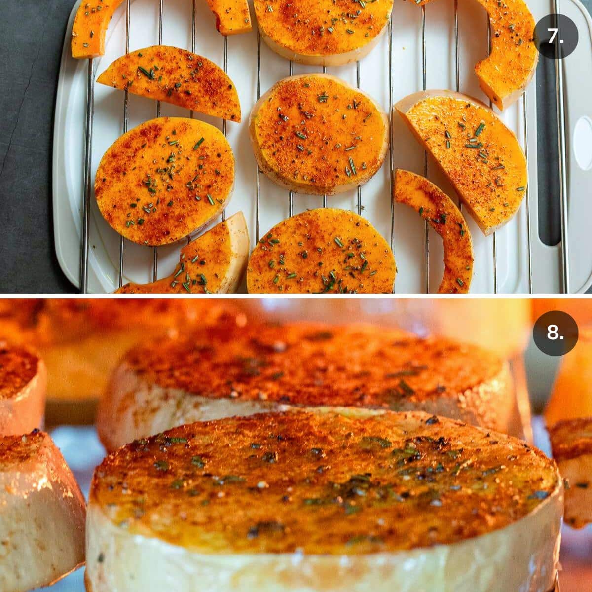 Seasoned butternut squash on air fryer tray and showing them cooking in air fryer. 