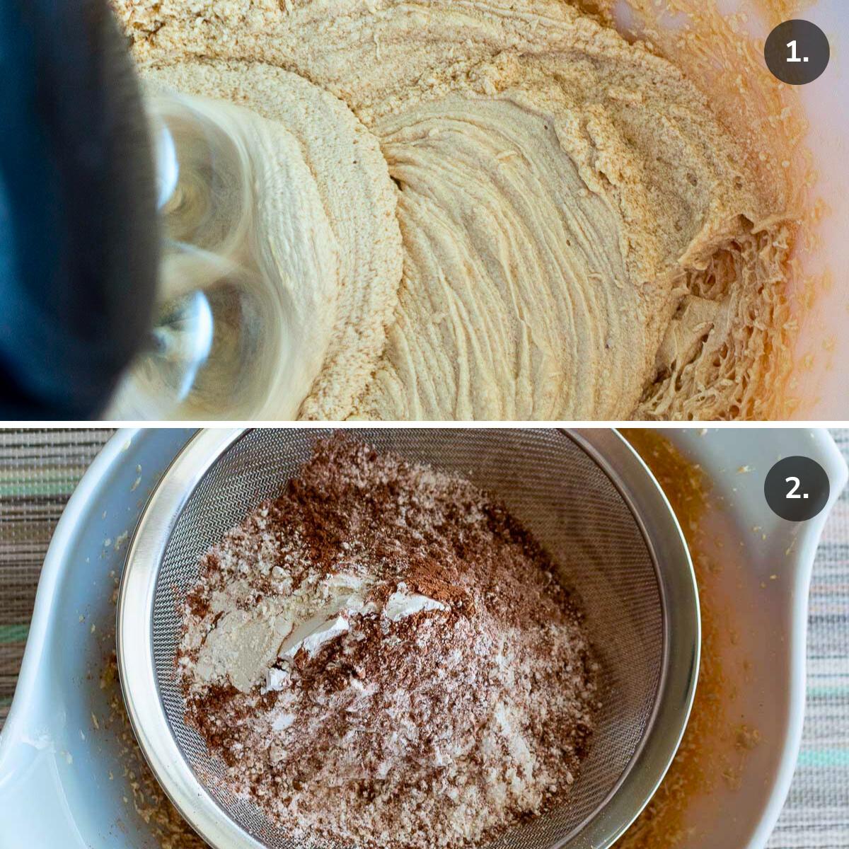 Mixing together the wet ingredients and mixing together the dry ingredients to make the cookies. 