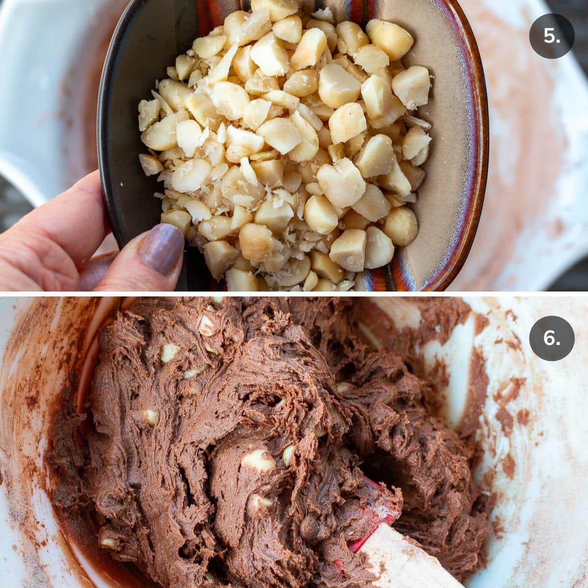 Add the macadamia nuts to the cookie dough and stirring to combine. 