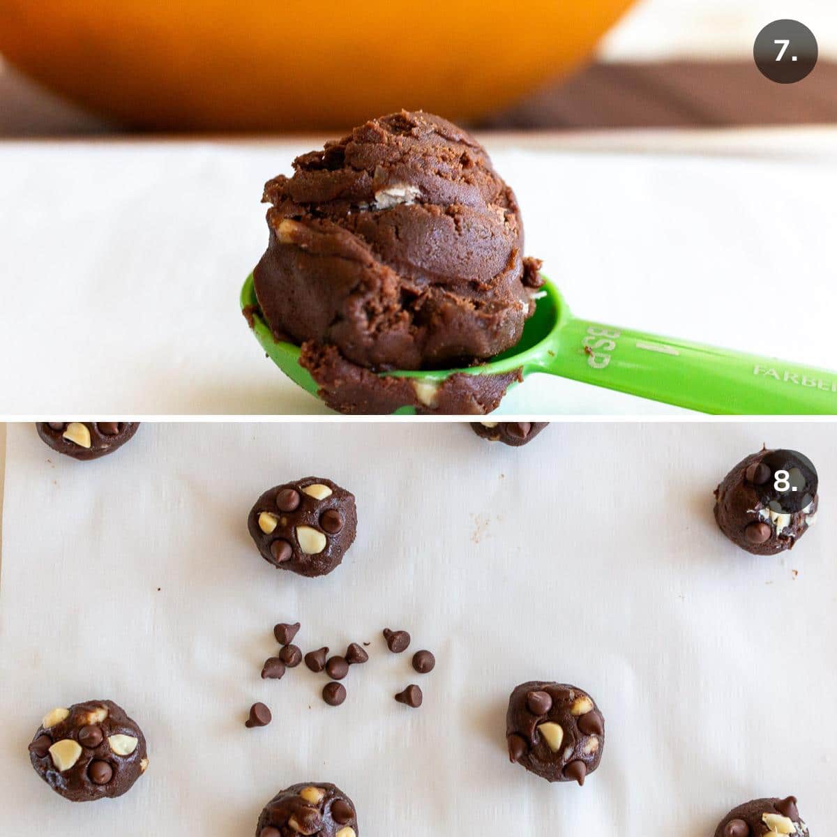 1.5 tablespoon scoops of cookie dough balls placed on a lined baking sheet.