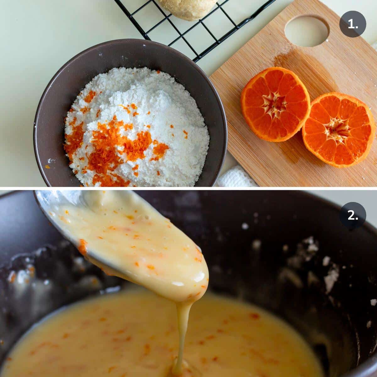 Assembling the ingredients to make the simple sweet orange icing glaze and mixing them together. 