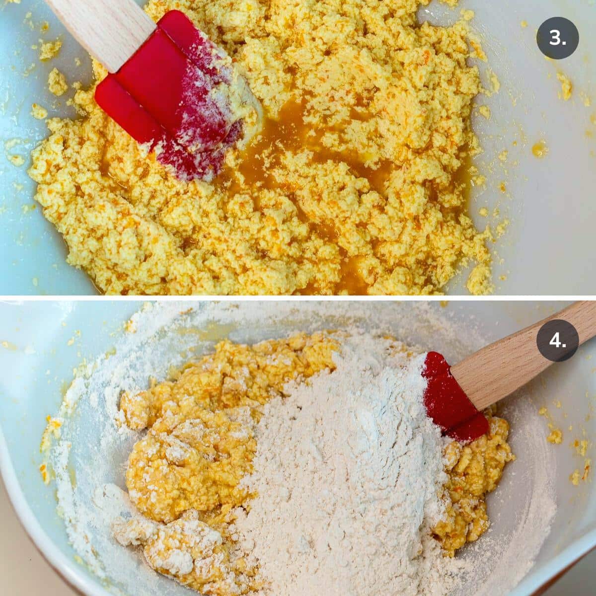 Showing the separation of the butter when the orange juice is added and then adding the gluten free flour blend mixture. 
