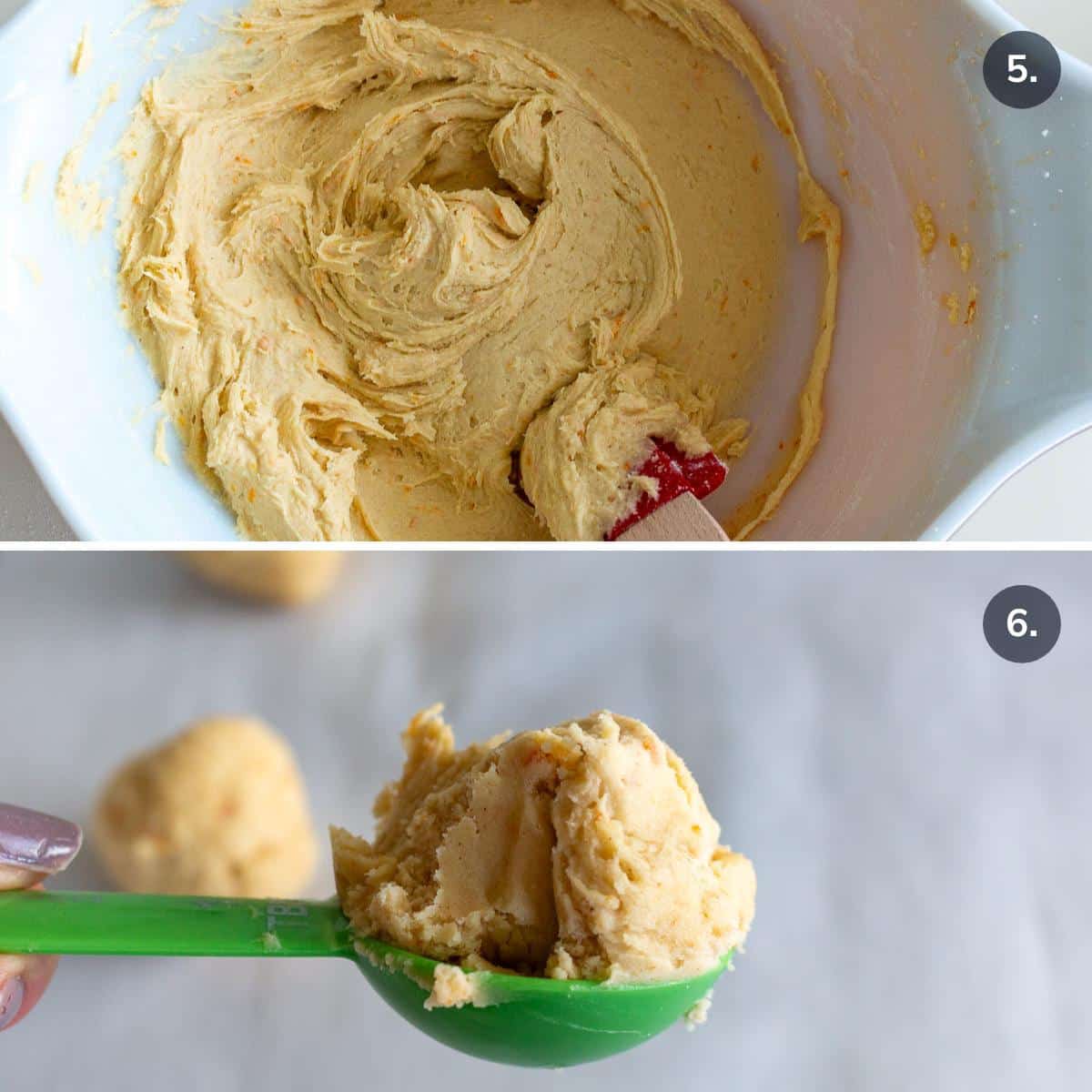 The soft orange orange cookie before refrigeration and then after refrigerated and scooped into a tablespoon. 