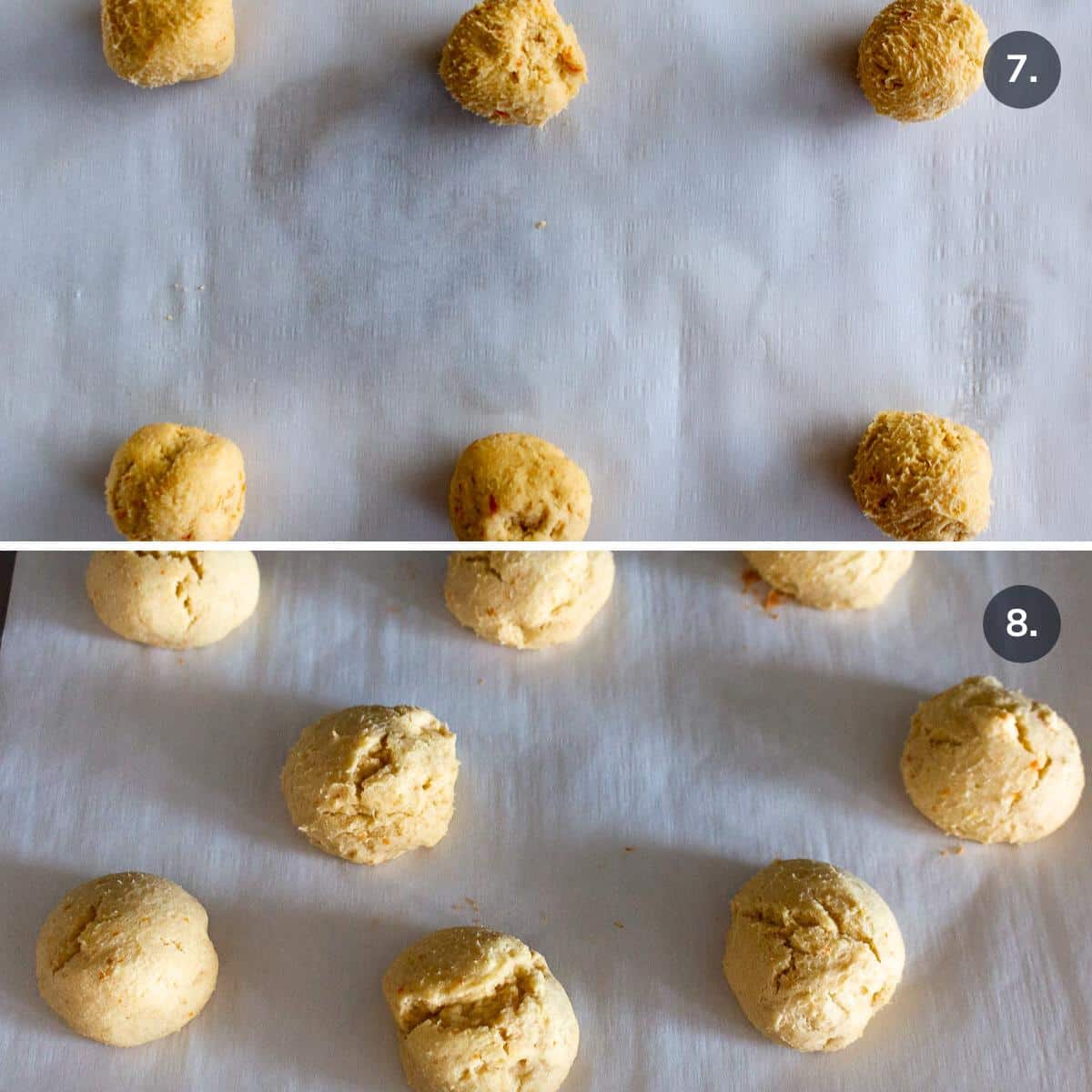 Orange drop cookies on a lined baking tray before and after baked. 