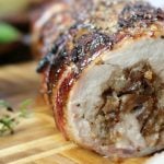 Bacon wrapped sausage stuffed pork tenderloin.