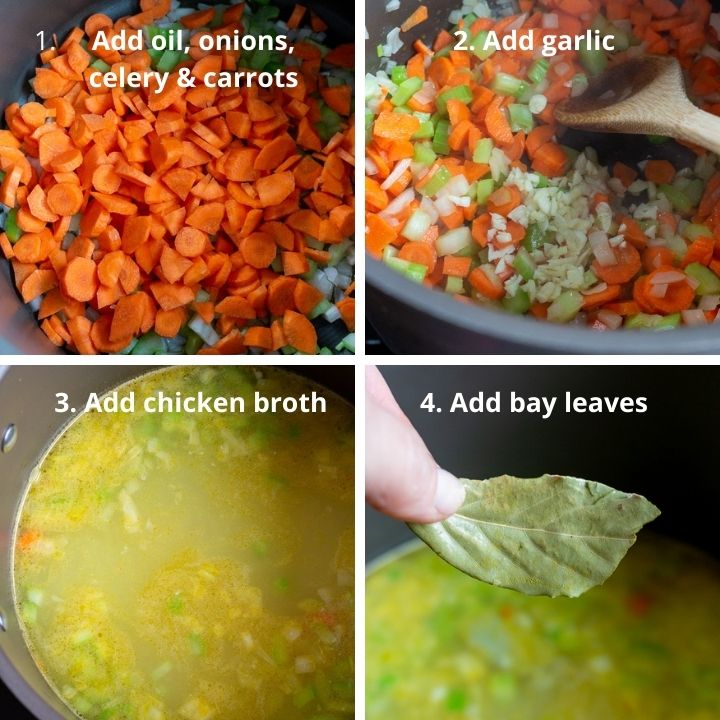 Adding sofrito, garlic, chicken broth and bay leaf to the soup pot.