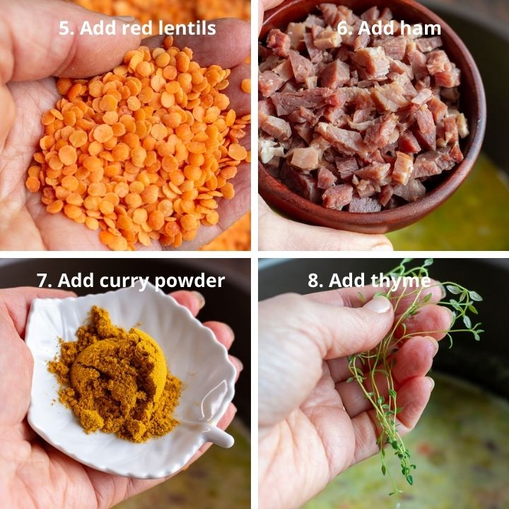 Adding red lentils, ham, curry powder and thyme to the soup pot.