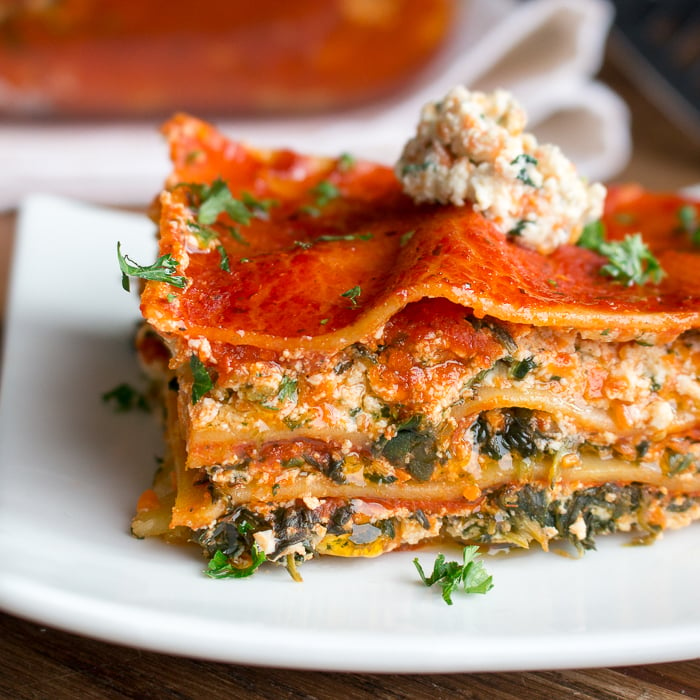 Vegetable Tofu Ricotta Lasagna with a dollop of herbed tofu on top.