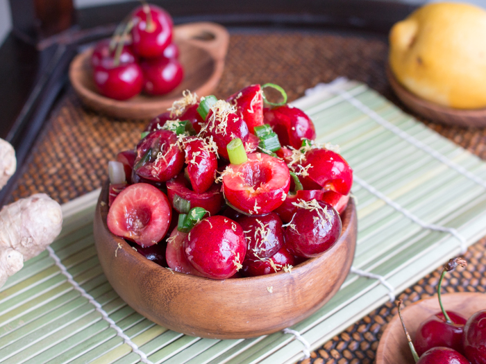 Cherry salsa on a green placemat. 