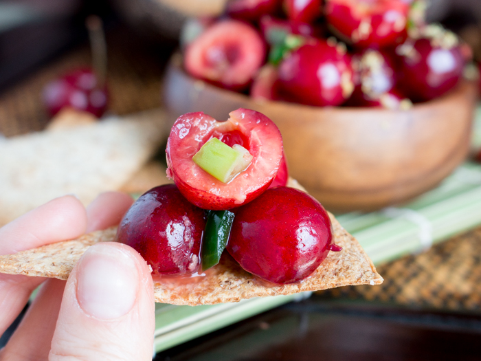 Cherry Ginger Salsa on a homemade tortilla chip. 