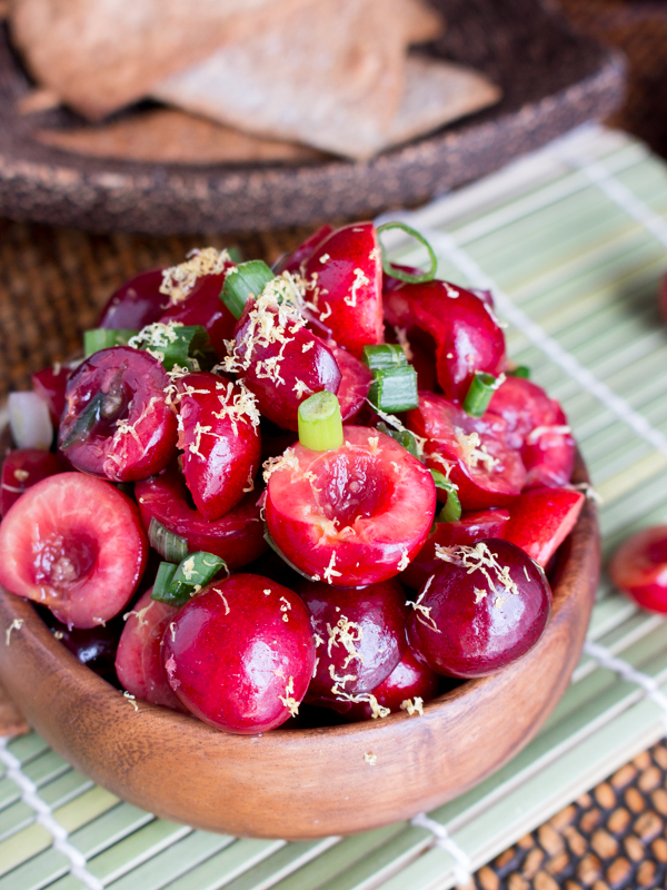 Cherry salsa showing the fresh lemon zest added.