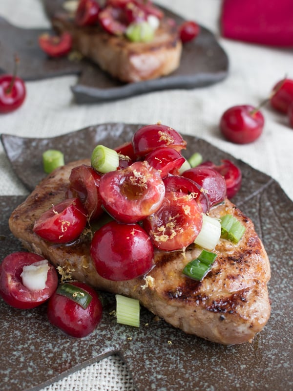 Grilled Five Spice Pork Loin Chops with Cherry Ginger Salsa / https://www.hwcmagazine.com