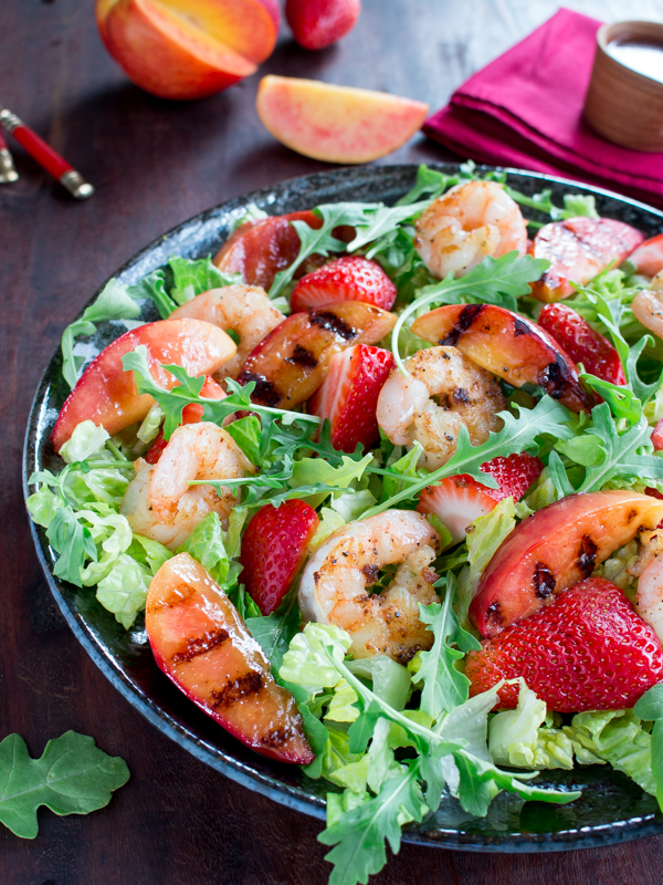 Grilled Shrimp Nectarine Summer Salad/ amazing Citrus Strawberry Dressing/ https://www.hwcmagazine.com