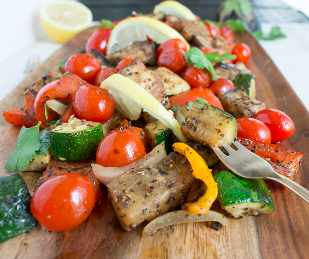 Provencal Ratatouille on a fork ready to eat.