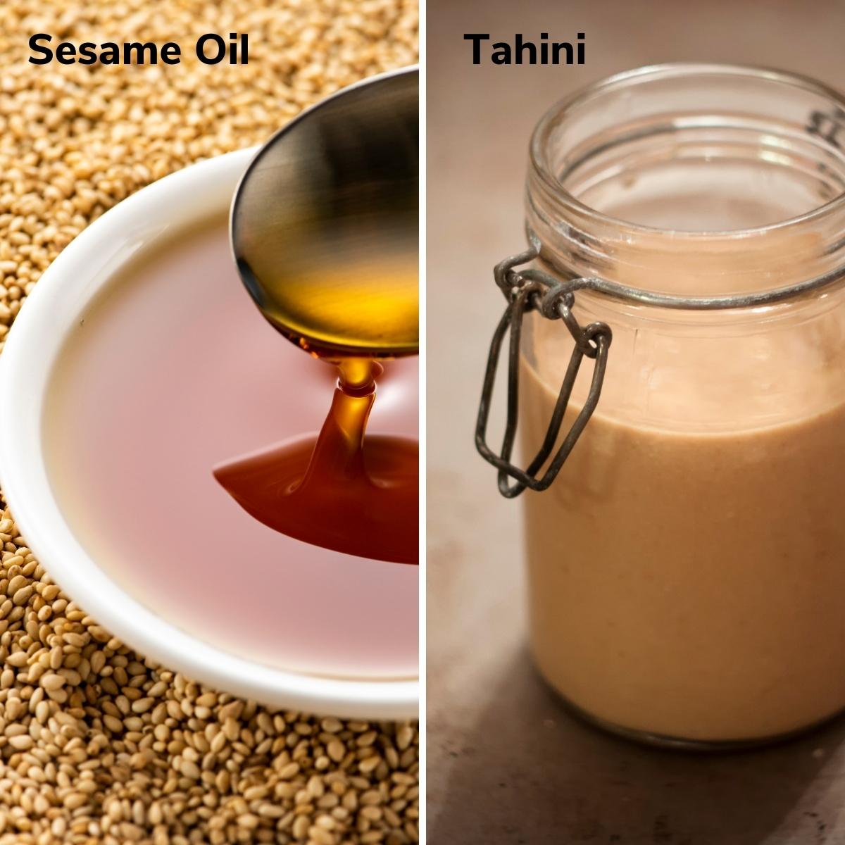 Photo of sesame oil on the left and Creamy tahini on the right.