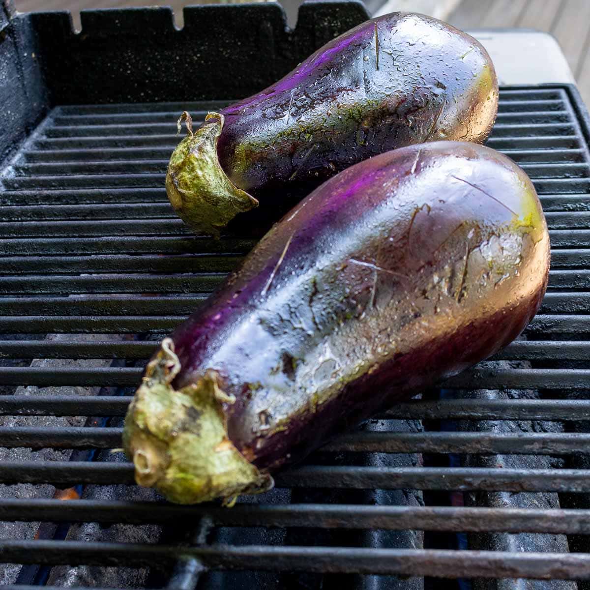 2 globe eggplants placed on the preheated outdoor grill.