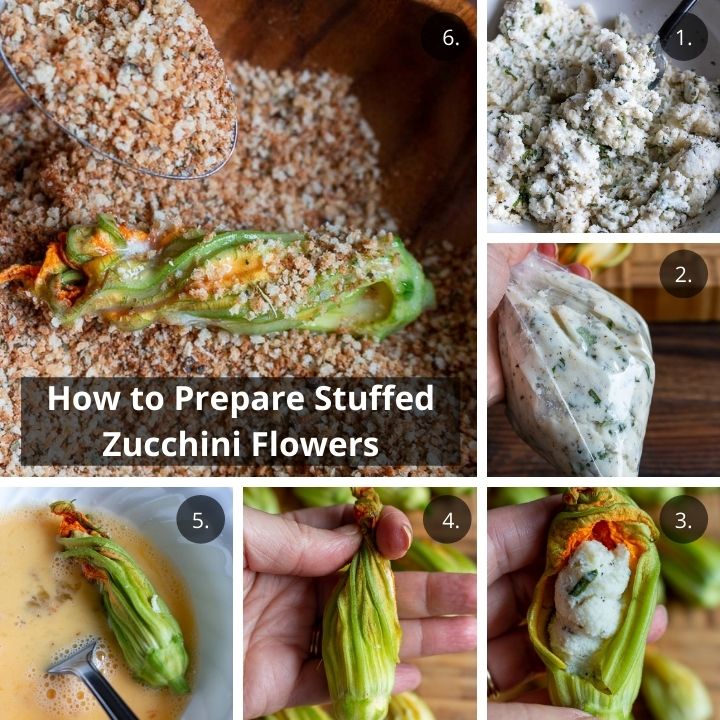 Step by step how to prepare ricotta stuffed zucchini flowers.