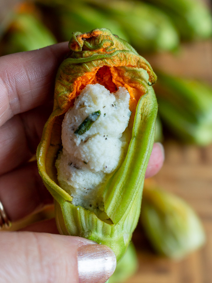 squash blossom opened to show the ricotta stuffing inside.