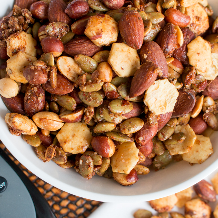Bowl of spicy savory trail mix.