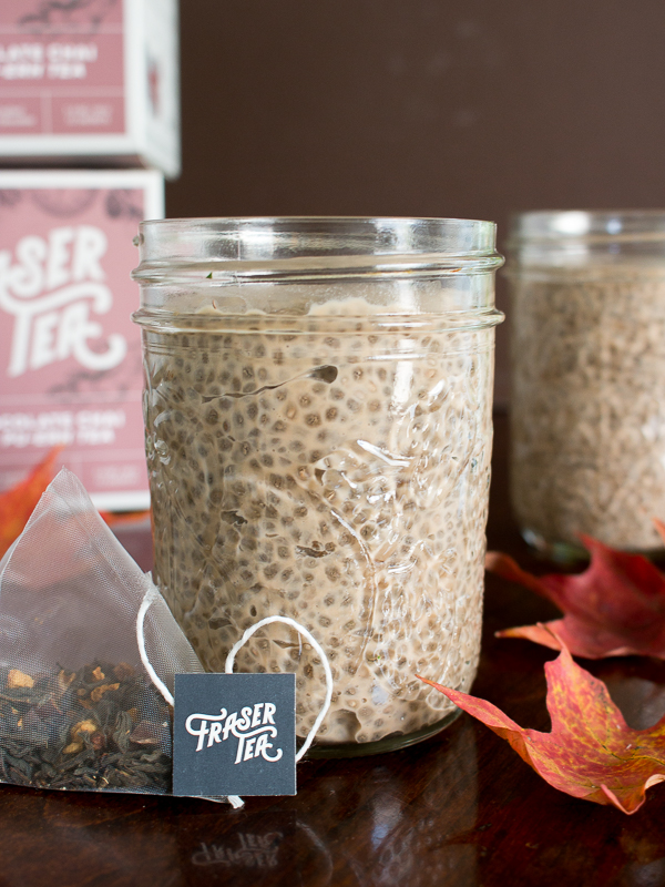 Spicy Chocolate Chai Pu-erh Chia Puddings in a glass jar with Fraser Tea 