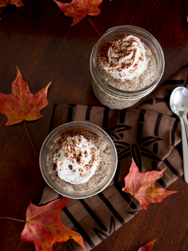 Coconut whipped topping dusted with cinnamon on top of chai spiced chia seed pudding with autumn leaves.