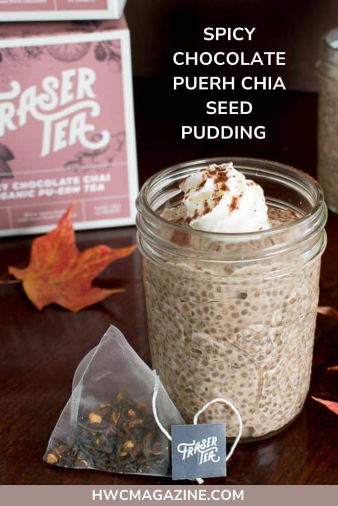 Chocolate puerh chia seed pudding topped with coconut whipped cream in a glass jar.