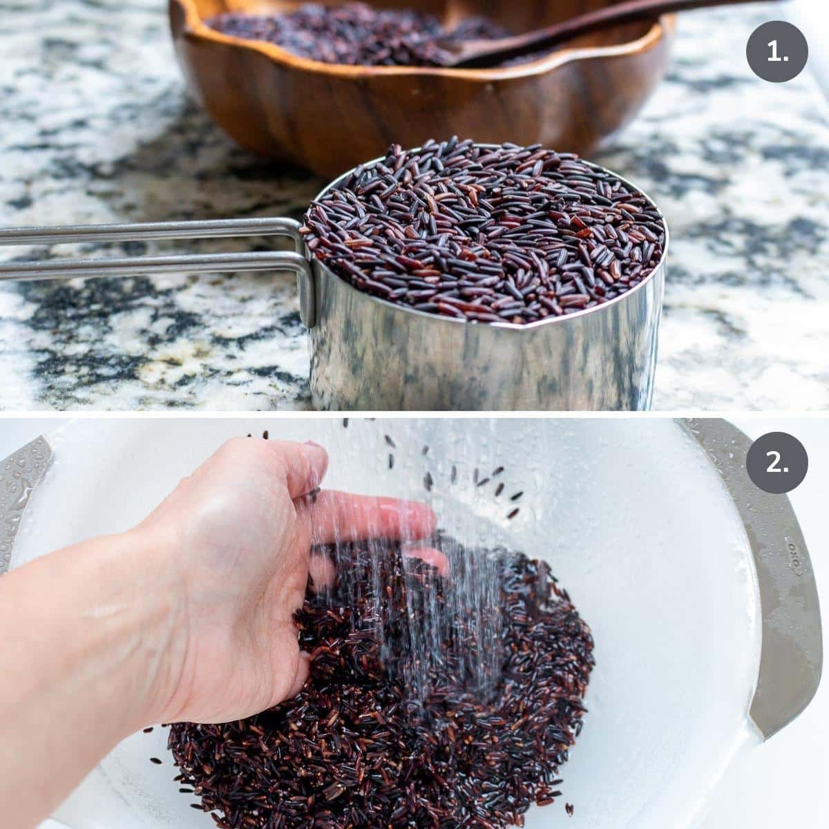 Measuring out dry forbidden black rice and rinsing it under cool water in a fine mesh colander.