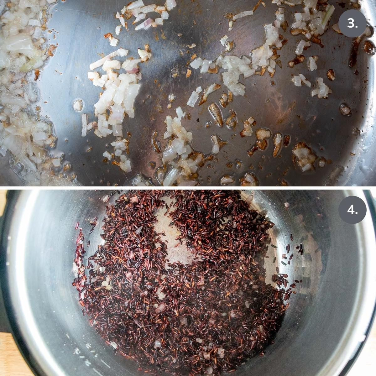 Sautéing onions, garlic and black rice in Instant pot. 