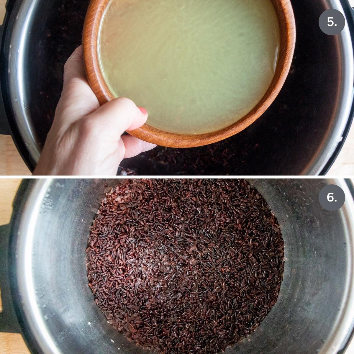 Adding broth to instant pot and black rice after cooked in pressure cooker.